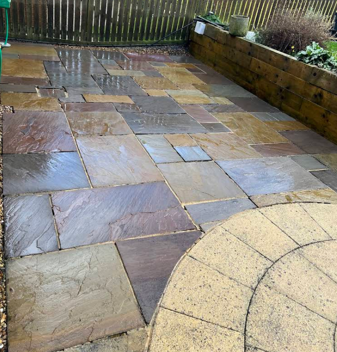 Indian sandstone patio restored to its original colours
